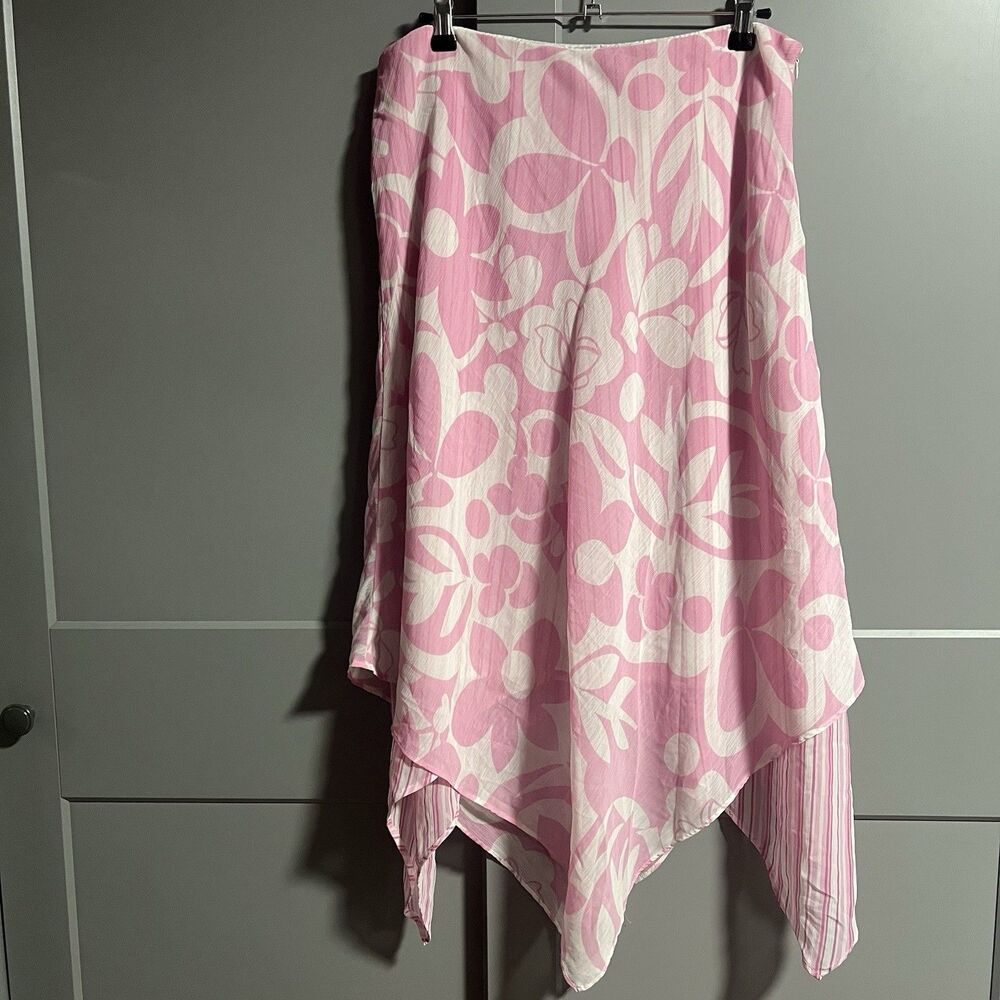 Chadwick’s Asymmetrical Hem Floral Stripe Midi Dress Pink White 12 Coquette